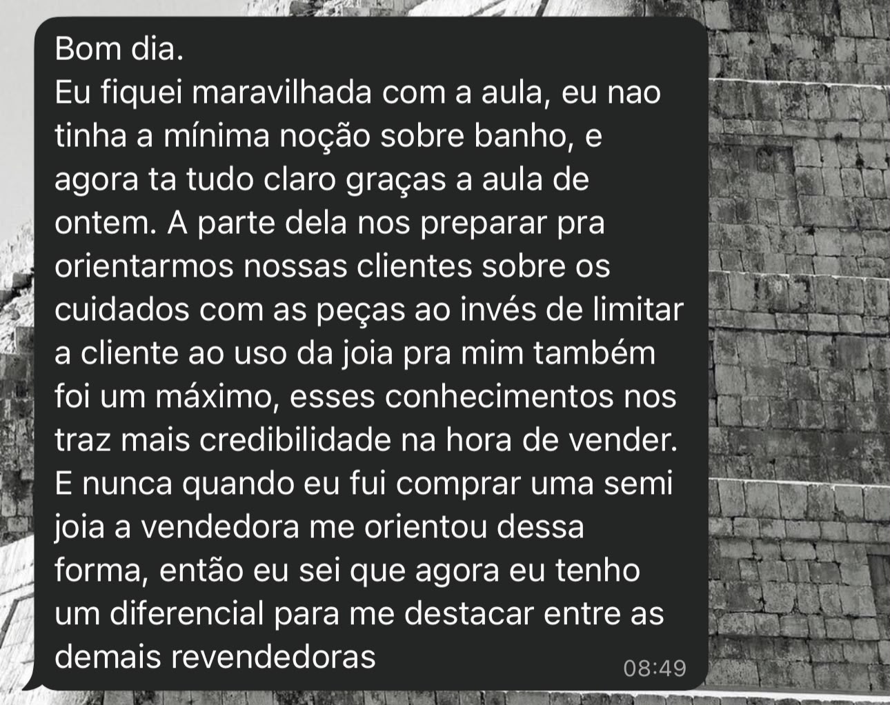 Depoimento via WhatsApp de Aluna NEF Academy
