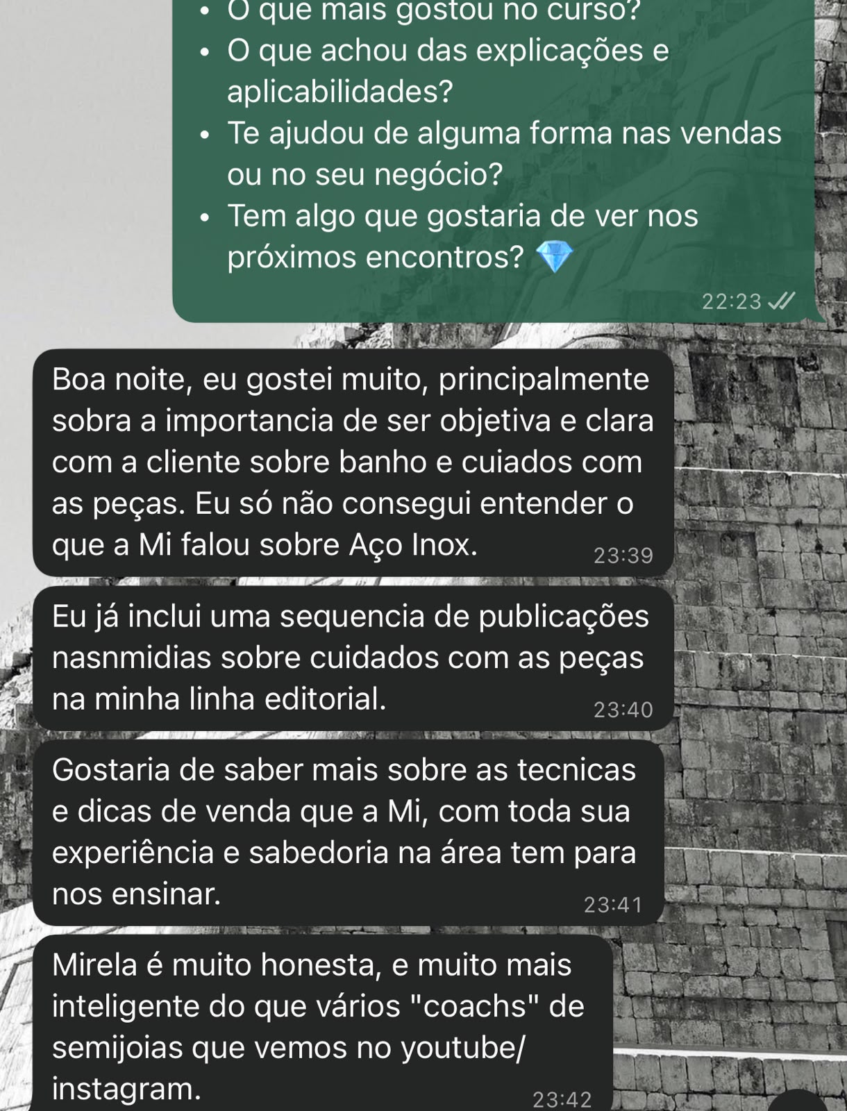Depoimento via WhatsApp de Aluna NEF Academy